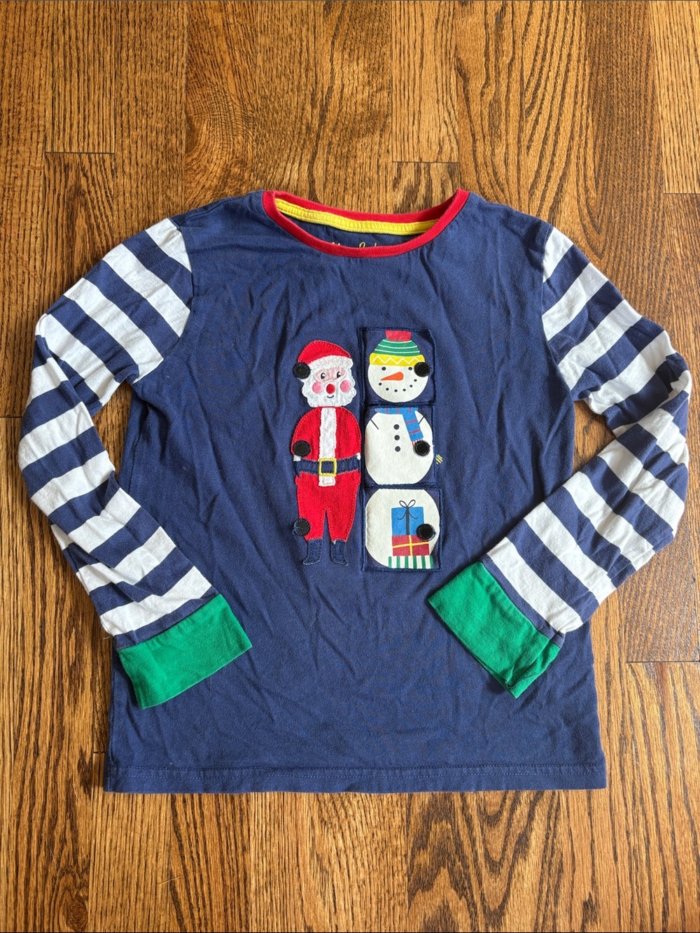Mini Boden blue stripe lift the flap Santa/Snowman, elf and Rudolph long sleeve.
